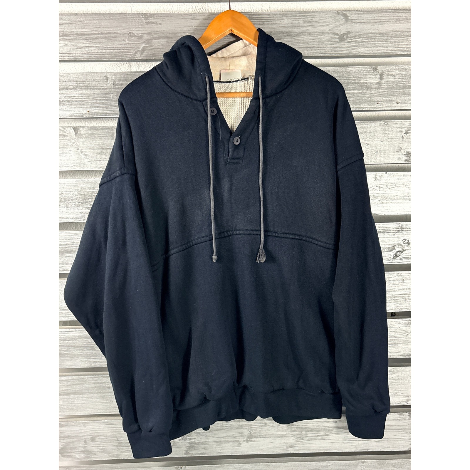Vtg Macgregor Mens Xl Thermal Lined Hoodie Sweatshirt Black Sun Faded Distressed